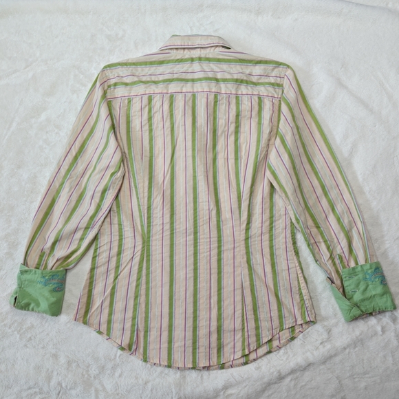 Robert Graham Sz‎ S Green Pink Stripe Button Up Cotton Embroidered Flip Cuff - Picture 3 of 7